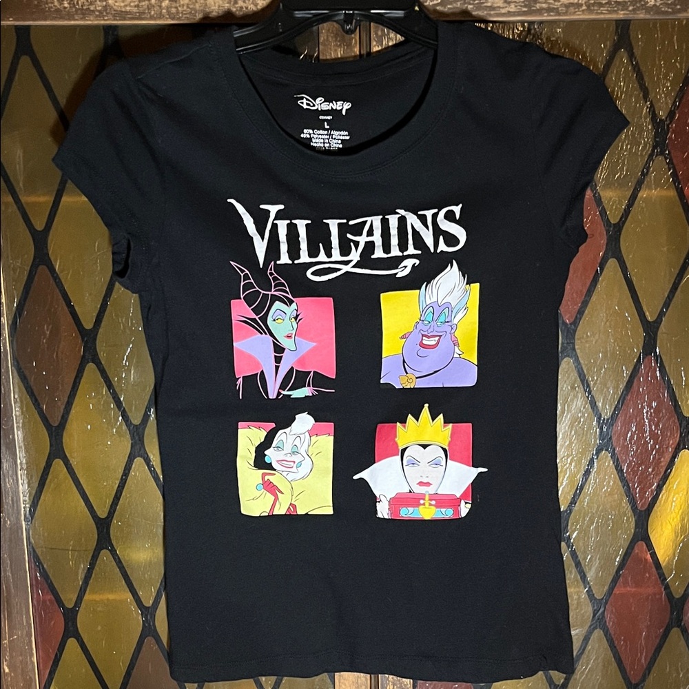Disney Villains Juniors Black Tee with Character squares of 4 Disney Villains